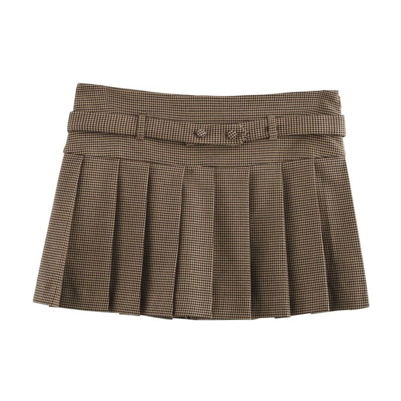 

Kaslead New Arrival Women s Clothing Fashion Style Stylish Simple and Versatile Casual Half-Length Pleated Pantskirt 3067404 Houndstooth Brown L
