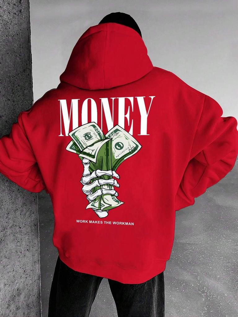 Street Trend Letter Money Printing Hoodie For Men Pocket Drawstring Pullovers Fleece Warm Sweatshirts Autumn Comfortable Clothes