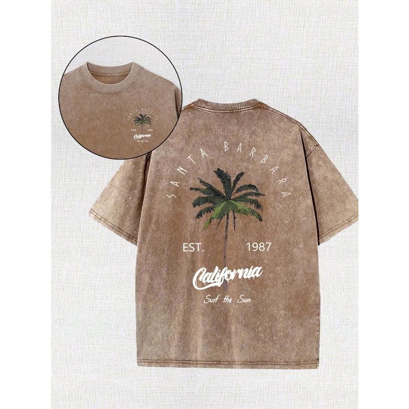 Men's California T-Shirt with Est, Tree Back Print - Relaxed Fit Short Sleeve Crew Neck, Washed Cotton Soft Retro Tee for Beachwear & Casual Outfits