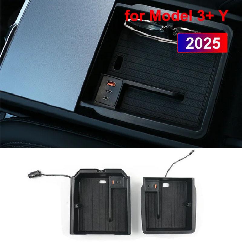 For Tesla Model 3 Y Juniper Highland Launch 2025 2026 Center Console Armrest Storage Organizer USB Type-C Charger Expansion Dock