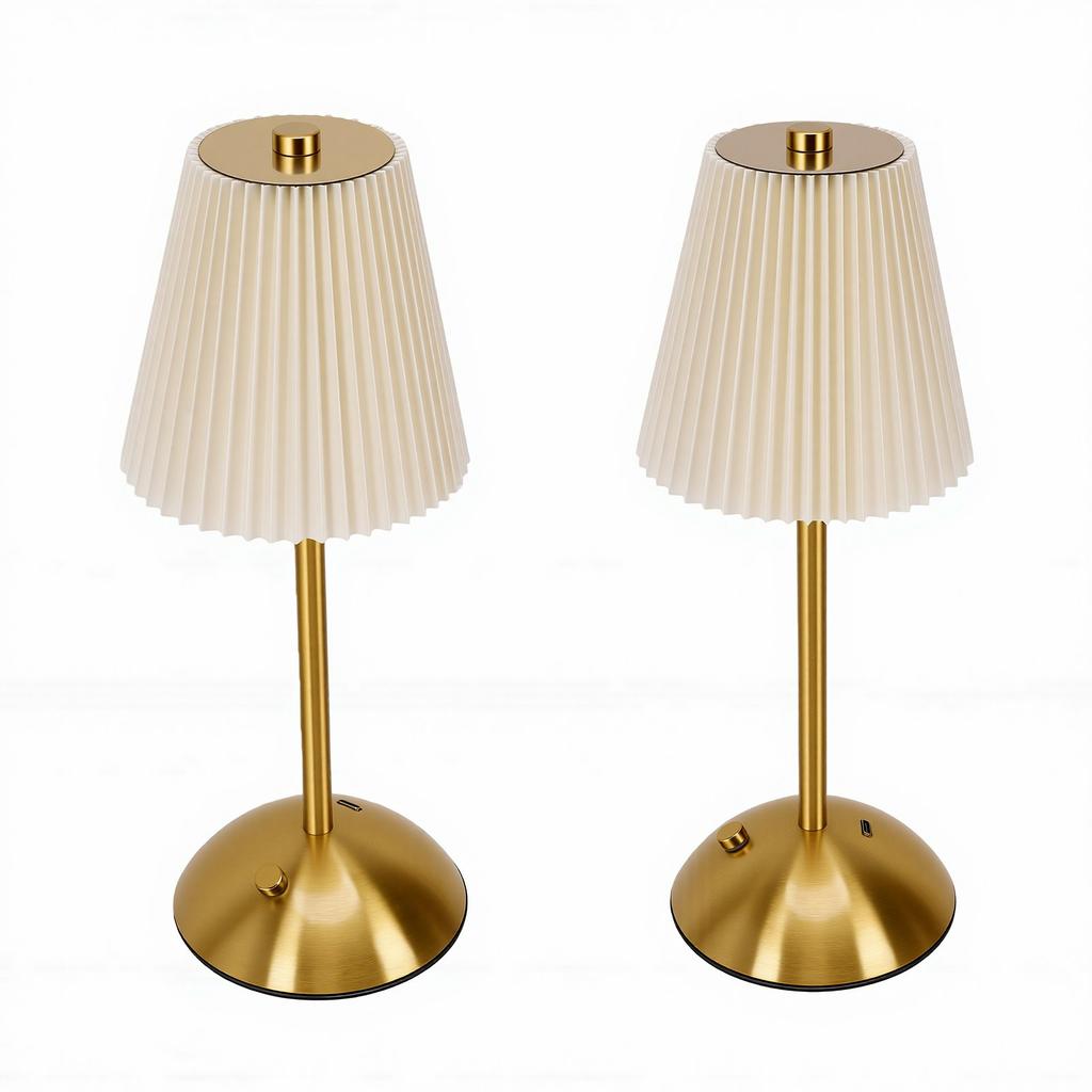 Pleated Table Lamp Metal USB Rechargeable Cordless Vintage Nightstand Lamp Decor for Bedside Living Room