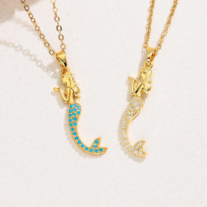 Nautical Copper Zircon Mermaid Tail Pendant Clavicle Chain Jewelry
