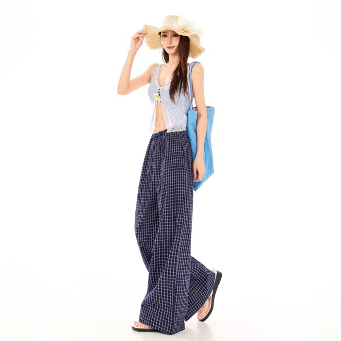 Women s Retro Plaid Lace-Up Wide-Leg Pants - Spring/Summer 2026 Collection L