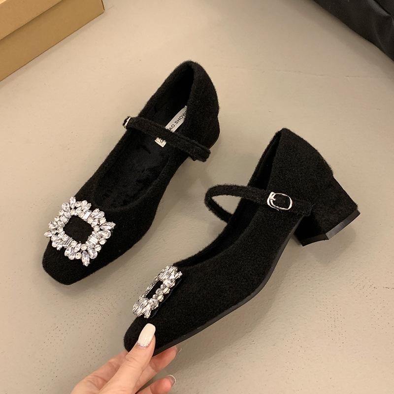 French Temperament Square Head Rhinestone Light Luxury One-word Belt Velvet Mary Jane Shoes Women's Woolen Wool Shoes Women's Winter Wear Single Shoes