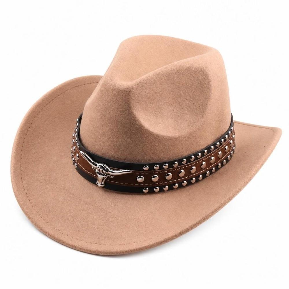 Wide Brim Western Cowboy Hat Ox Head Decorative Studded Leather Cap Tibetan Style Top Hat  Party