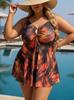 Costume da Bagno Tankini Floreale Taglie Forti Europeo e Americano con Gonna e Pantaloncini da Surf per Donna - Rosso/Nero