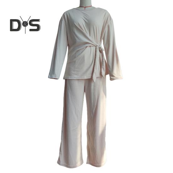 2 Pcs/Set Women Top Pants Suit Round Neck Long Sleeves Lace-up Pleated Blouse Elastic Waist Wide Leg Trousers Daily Wear Outfit Fall Spring Tracksuit