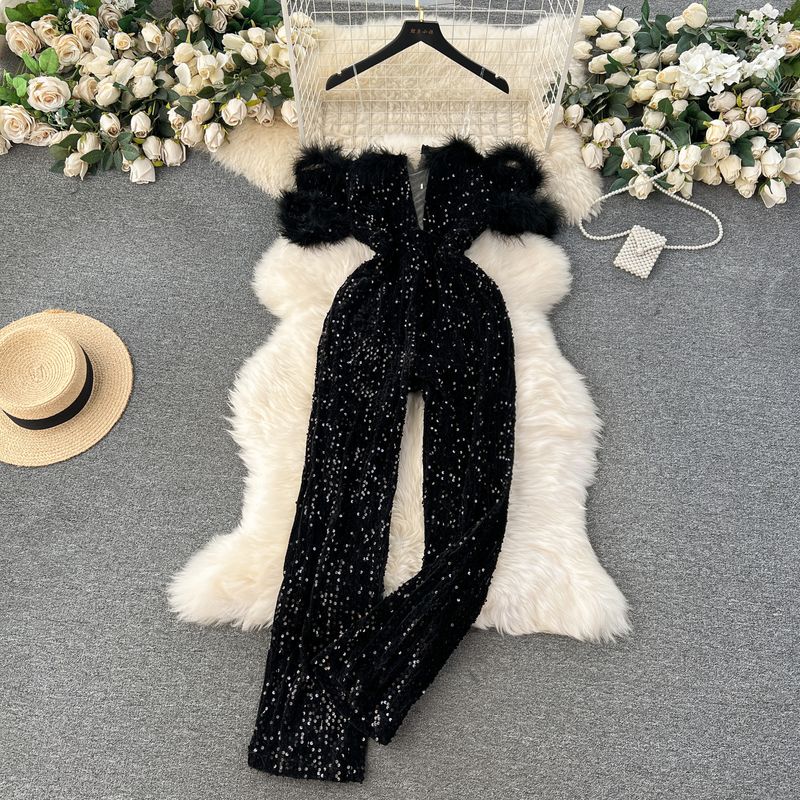 

Accessible Luxury Ins Wear off-Shoulder Sequin Jumpsuit Black L
