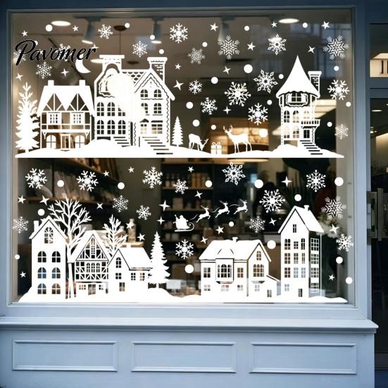 Indoor Outdoor Glass Window Stickers 2Pcs Christmas Town Static Sticker, Reusable Decal with Snowflake Clings for Winter Pattern, Decorative