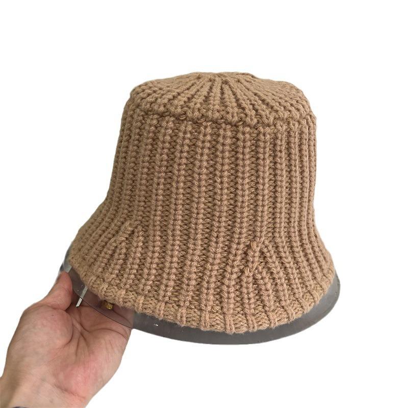 Solid color wool knitted jacquard flat top bucket hat women autumn and winter warm art college wind shade basin hat