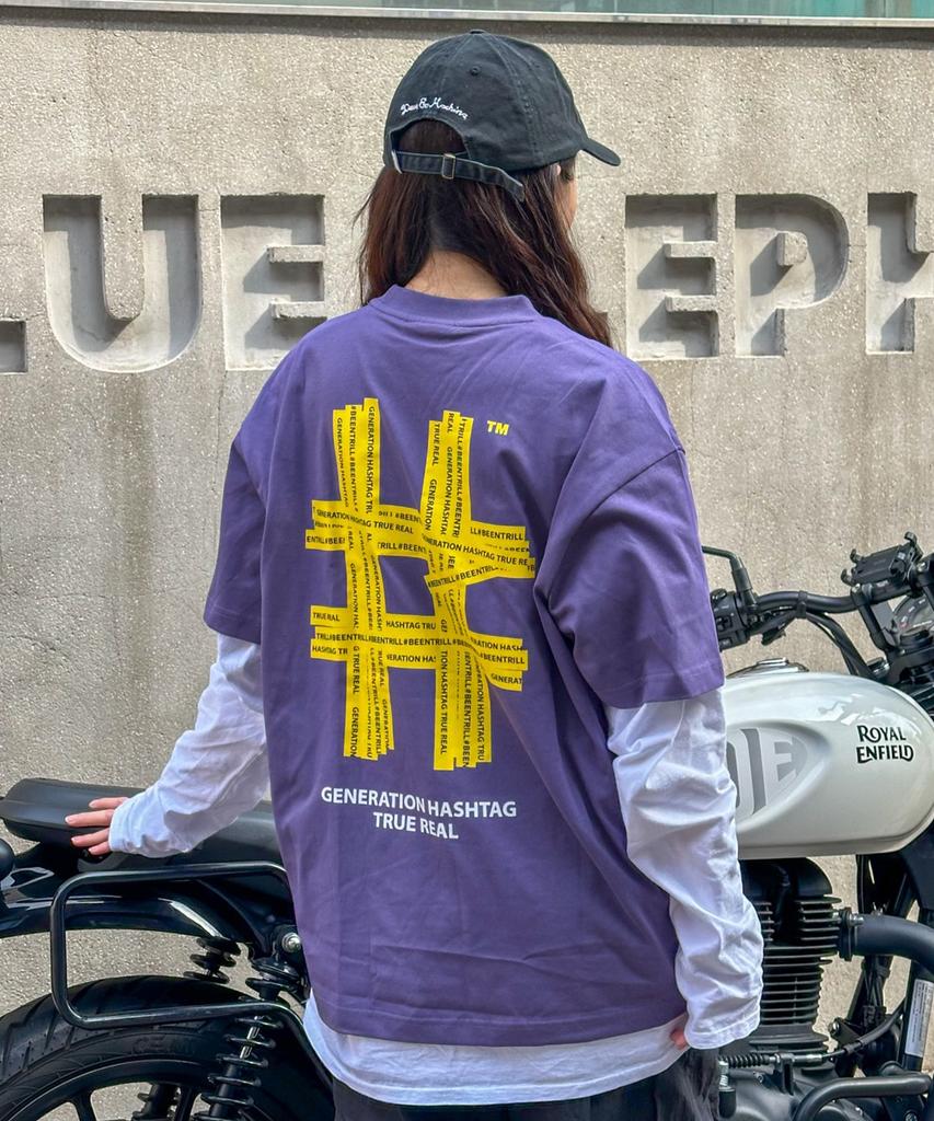 BEENTRILL Taping Hashtag Oversized Short Sleeve T-Shirt (Violet)