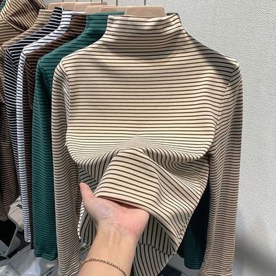 Bottom Shirt New Women's Autumn and Winter Long-sleeved Semi-turtleneck Double-sided German Velvet Thermal Top Fashionable Striped Interior Trendy