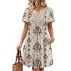 Damen V-Ausschnitt Kurzarm Etuikleid Kontrastspitze Häkeldetails Blumenprint Tunikakleid Lässiges Sommer Strandkleid