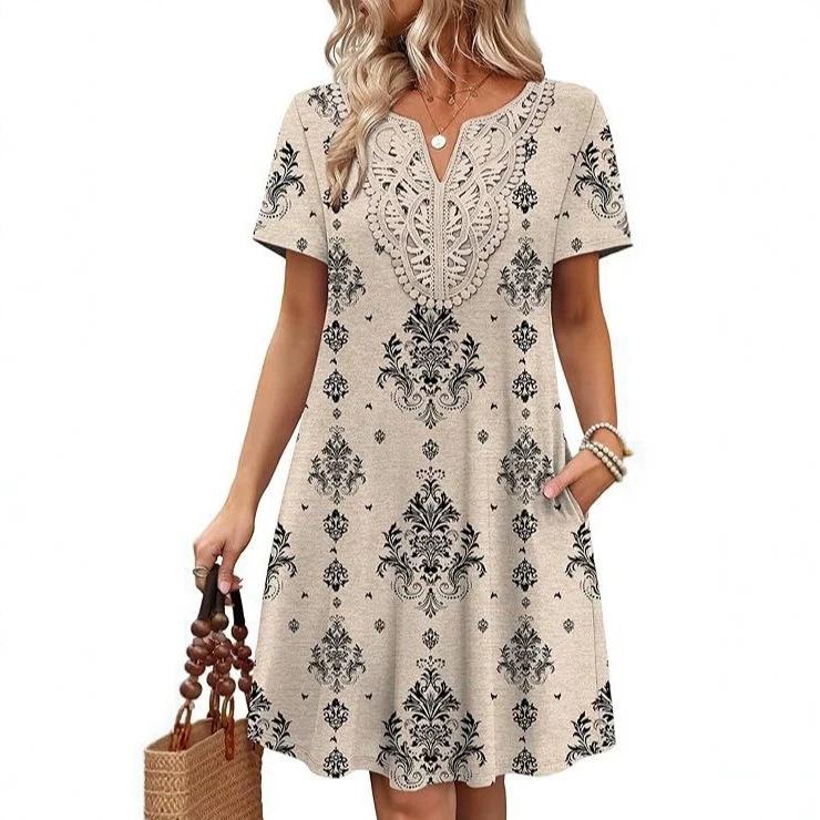 Damen V-Ausschnitt Kurzarm Etuikleid Kontrastspitze Häkeldetails Blumenprint Tunikakleid Lässiges Sommer Strandkleid