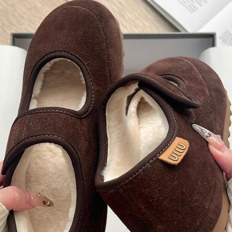 [Armano] Heel height 4cm Mary Jane shoes fluffy shoes suede Velcro velvet warm casual cotton shoes winter