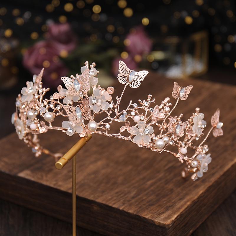 Vintage Gold Blume Schmetterling Braut Tiara Kronen Barock Perle Festzug Diadem Kopfschmuck Haarschmuck Hochzeit Haarschmuck