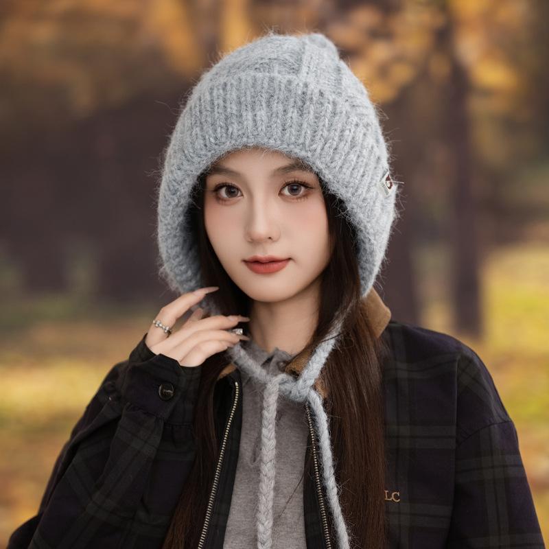 Korean Version of Versatile Bear Patch Strap Wool Hat Autumn and Winter Fashion Retro Pullover Hat Outdoor Casual Warm Hat New