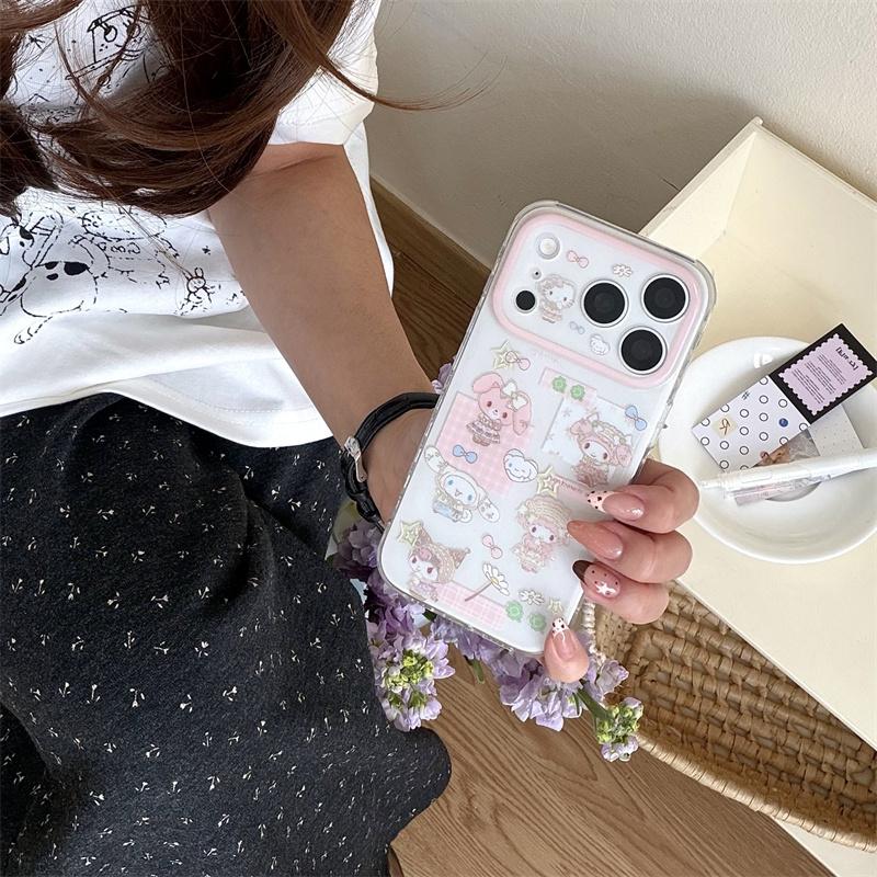 Cute HelloKitty Characters Clear Phone Case For iPhone 17 16 15 14 Pro Max Kawaii Pink Beaded Wrist Strap Protective Cover for G