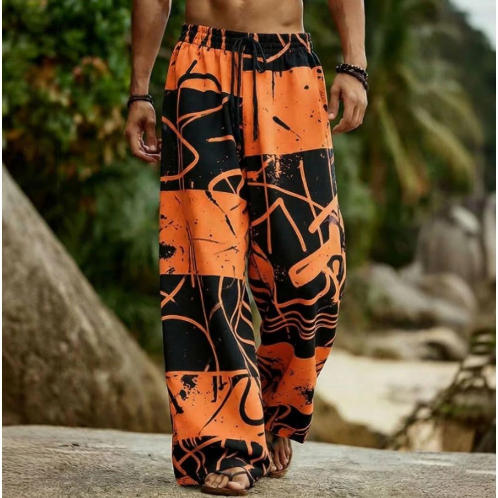 Men's 3D Geometric Pattern Printed Baggy Casual Trousers,  Elastic Drawstring Waist with Pockets, for Spring Summer Home Outdoor Vacation