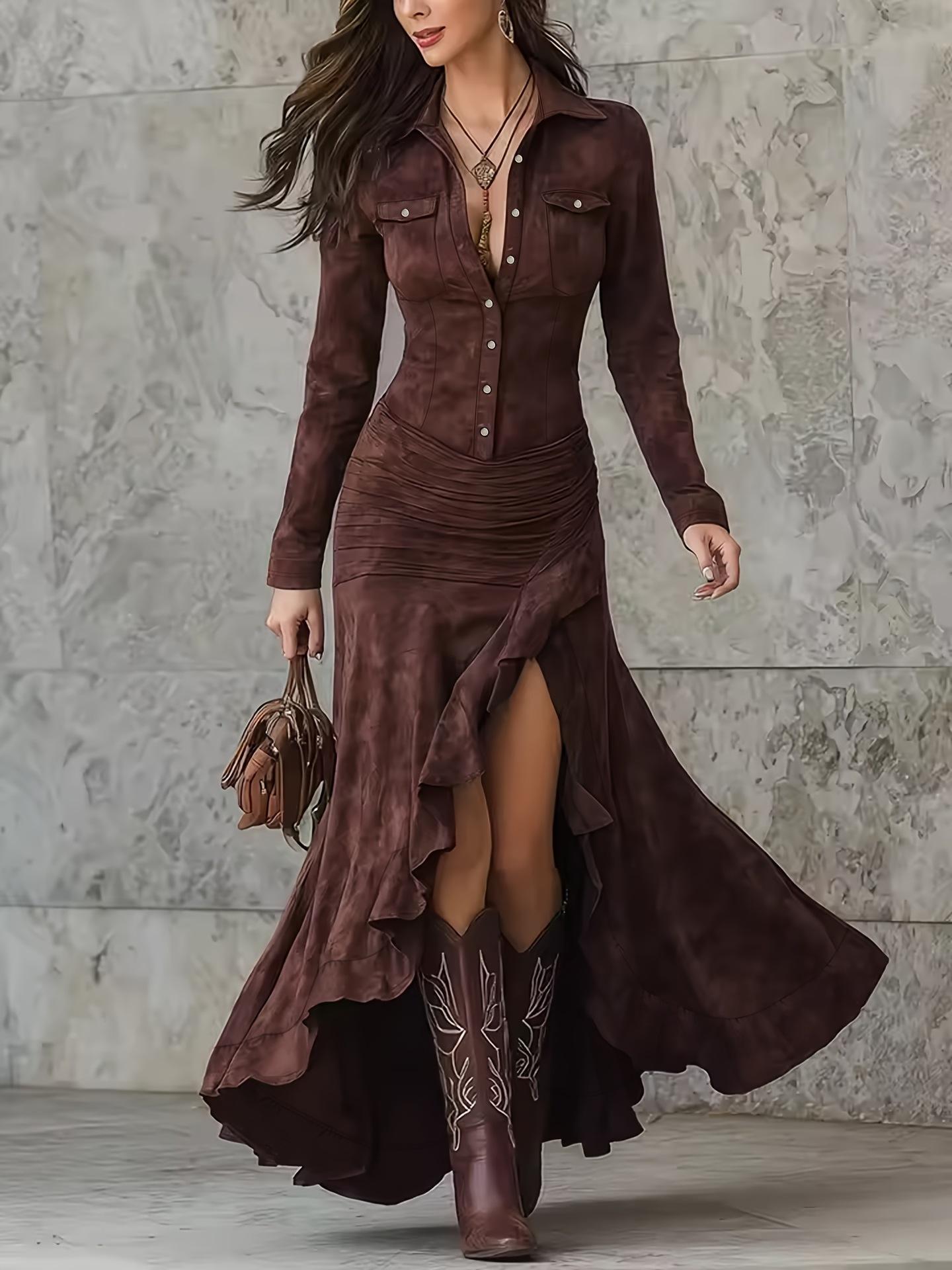 French retro brown imitation suede dress irregular hem ruffle edge lapel waist A-word long dress S