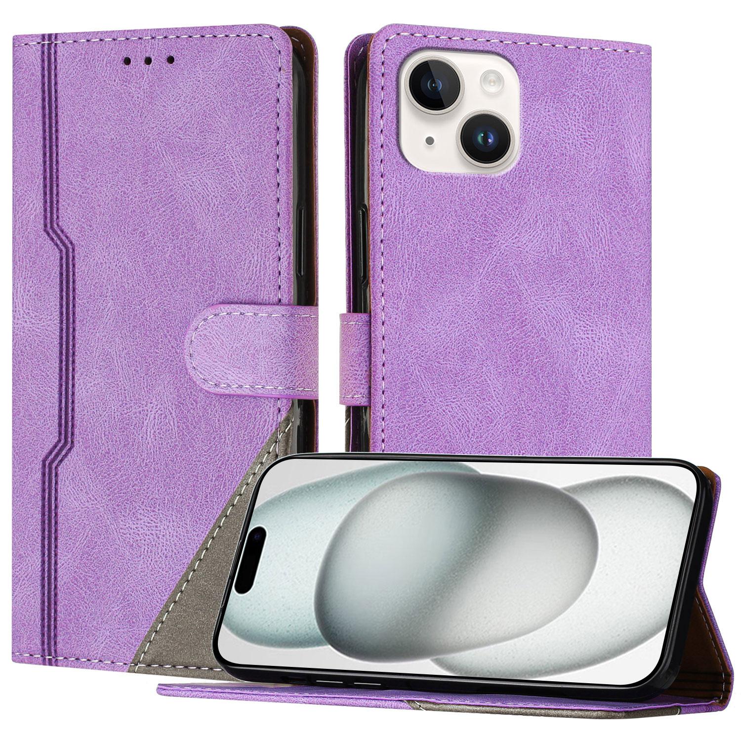 

For iPhone 15 Leather Case Triangle Patchwork Wallet Stand Shockproof Phone Cover Purple