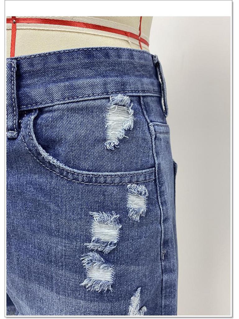2024 European & American Style Handmade Distressed Fringed Denim Shorts for Women
