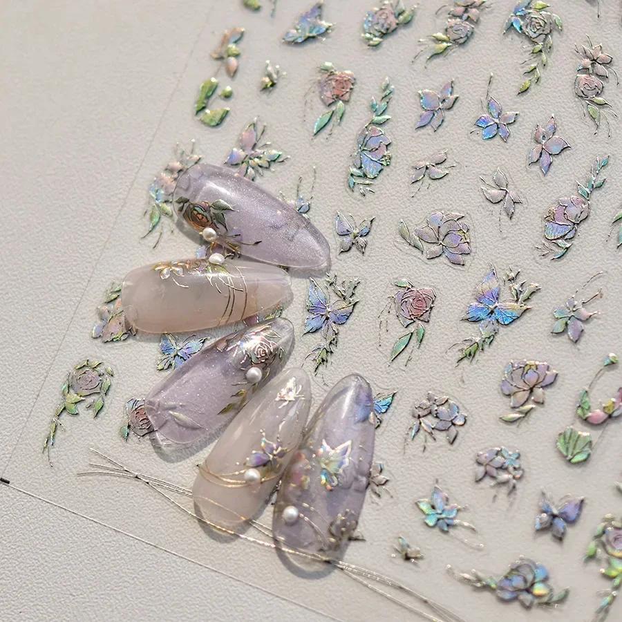 Shiny Jelly Butterfly Charming Golden Gradient Bowknot 5D Self Adhesive Nail Art Sticker Flower Petal Rhinestone Manicure Decals