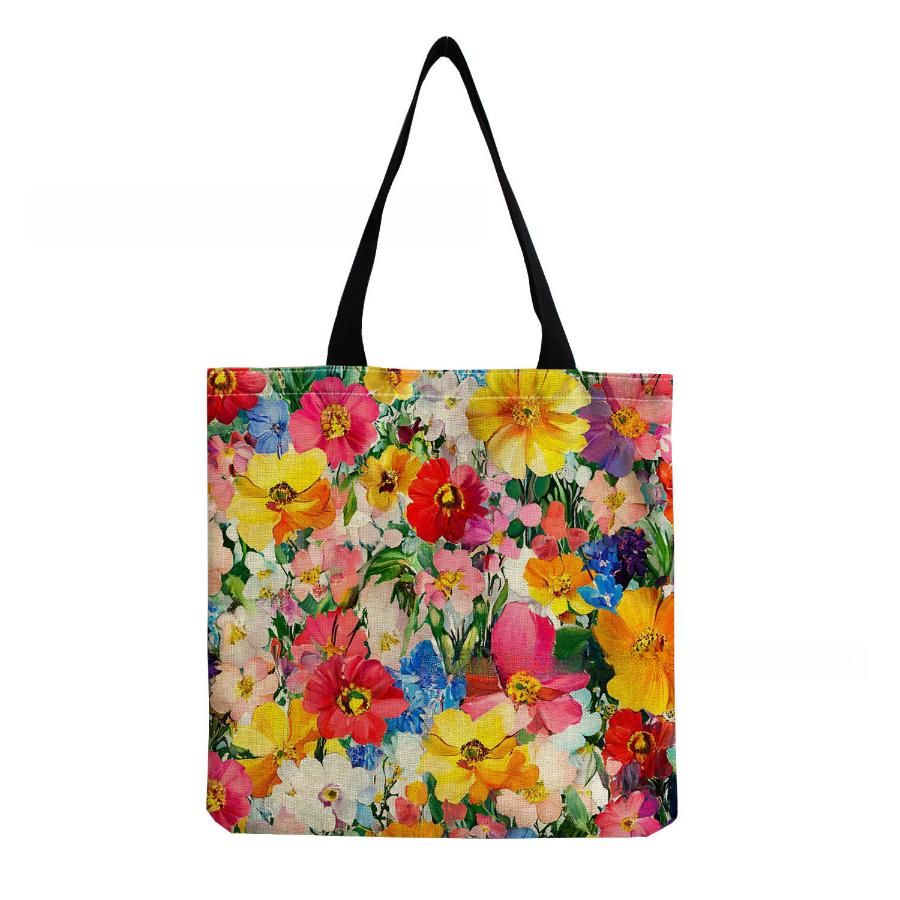 Damen Vintage Leinen-Tragetasche - Große Kapazität Blumenmuster Schulter-Handtasche für Freizeit & Lebensmitteleinkauf KTB