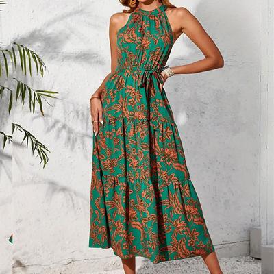 Women's Summer Holiday Hanging Neck Sleeveless Printed Long Dresses