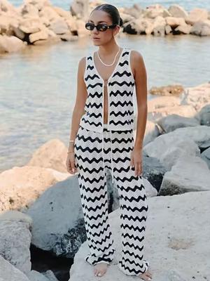2025 Wave Striped Knit 2 Piece Set Women Chic Top Lace-up Long Pant Knitwear Sets Holiday Swimsuit Cover Up Summer Outfits K130