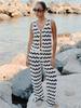 2025 Wave Striped Knit 2 Piece Set Women Chic Top Lace-up Long Pant Knitwear Sets Holiday Swimsuit Cover Up Summer Outfits K130