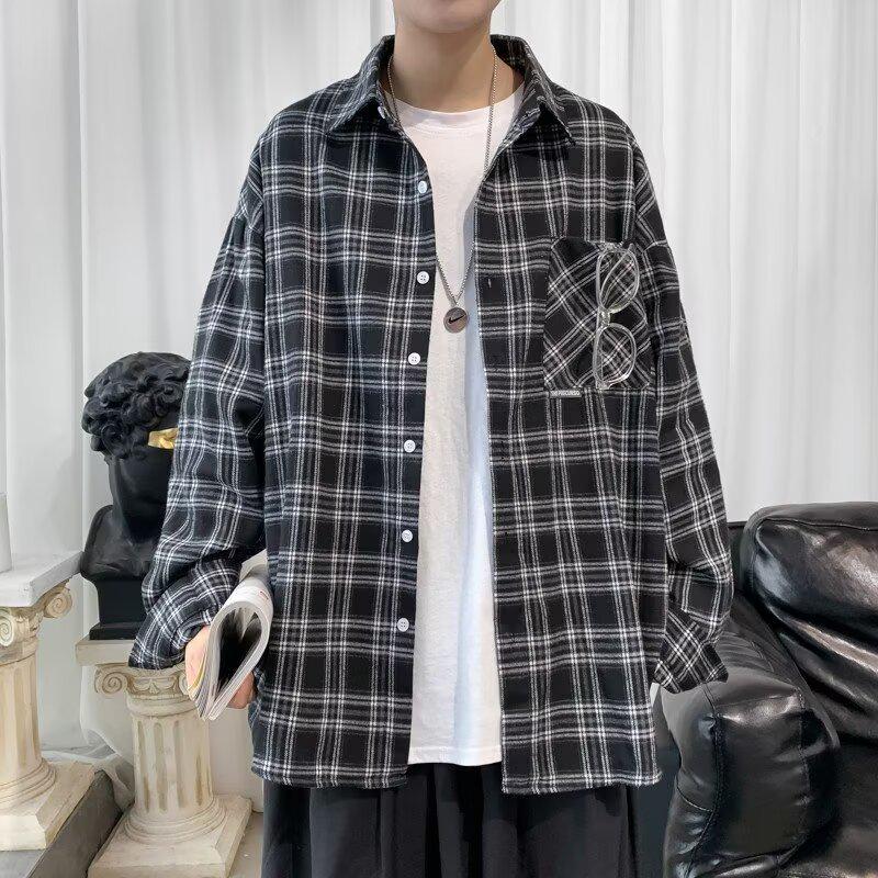 

Мужская клетчатая рубашка с длинным рукавом - Весна/Осень, в корейском стиле, повседневная ретро верхняя одежда XL чёрный