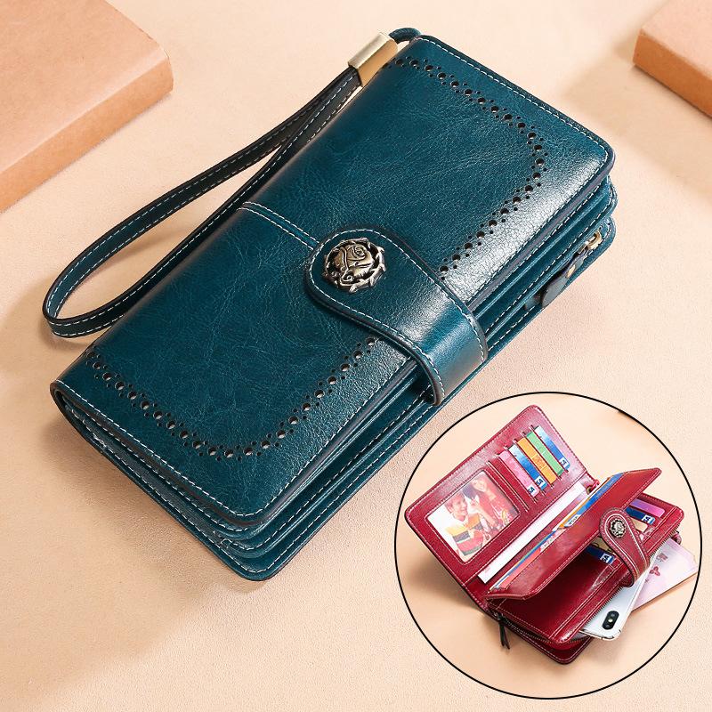 Ladies Leather Wallet Large Capacity Multifunctional Long Wallet European and American Retro Clutch