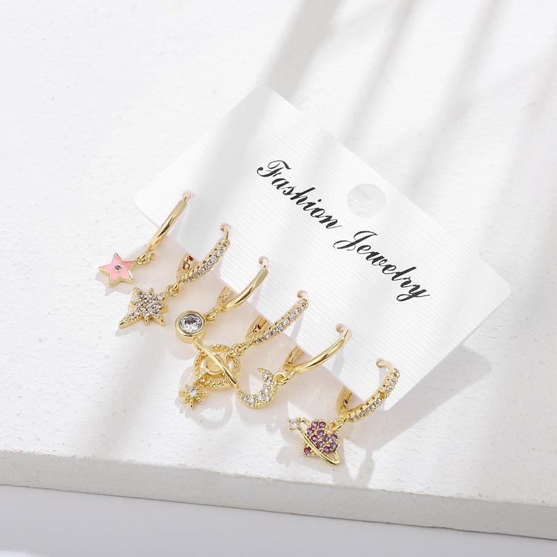 6Pcs/set Geometric Star Moon Rhinestones Hoop Earrings Sets for Women Colorful Zircon Earrings Jewelry Gift