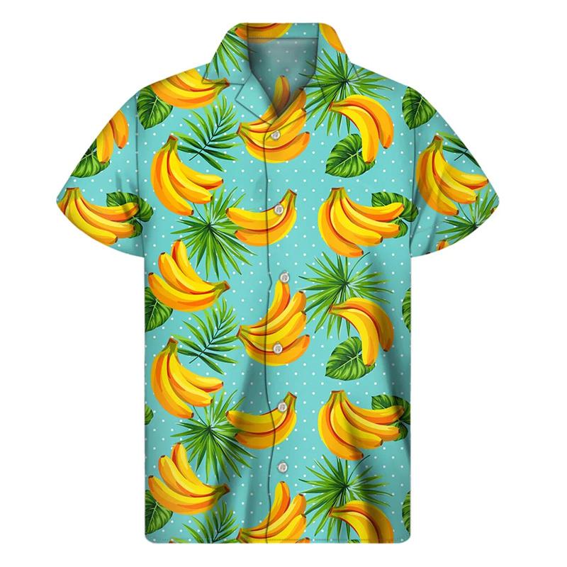 Men Summer Vacation Tropical Plants Pattern Short Sleeves Hawaiian Shirts Button Lapel Aloha Blouse
