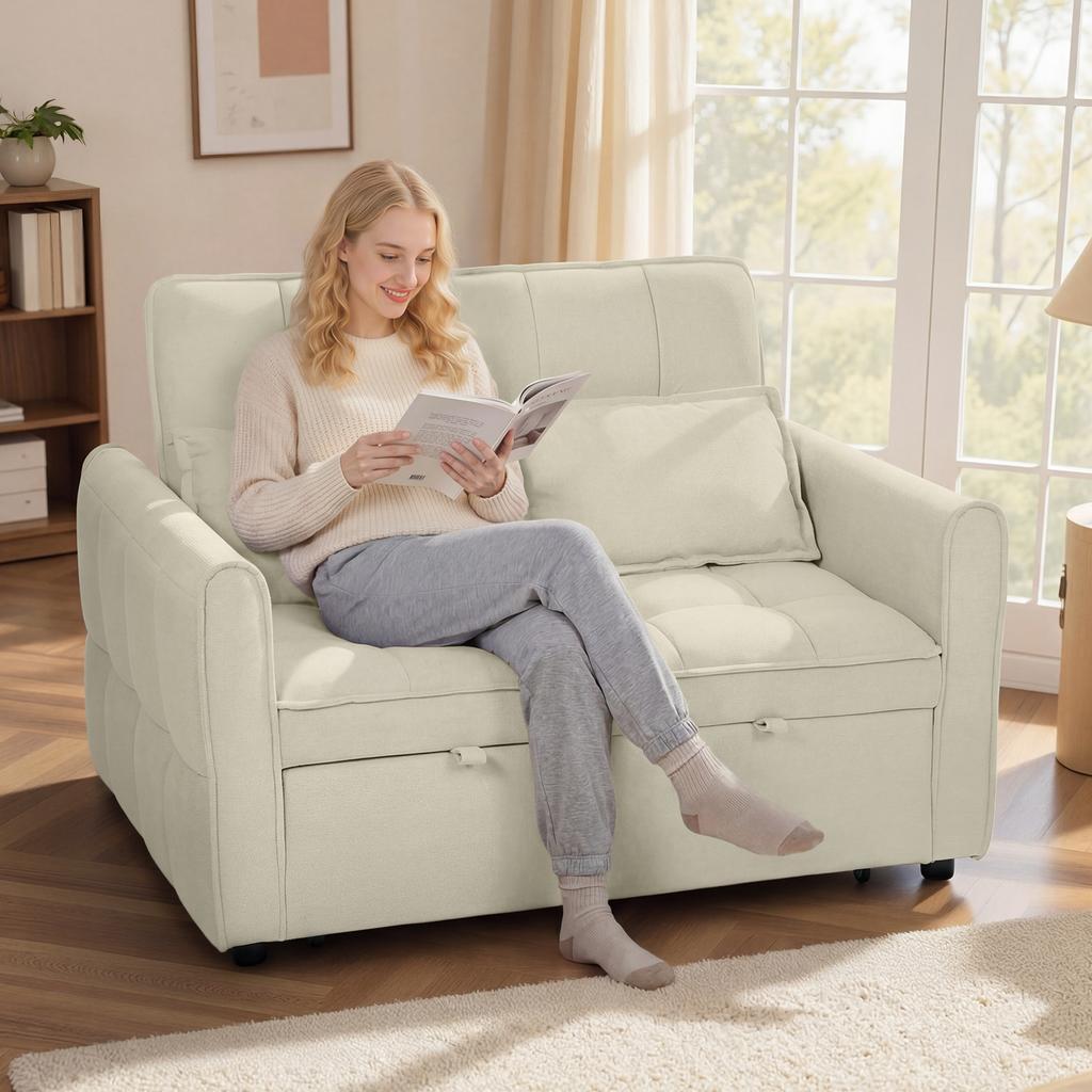 2 Seater Sofa Bed 3 In 1 Convertible Sleeper Sofa With Click Clack Adjustable Backrest And 2 Pillows Light Brown