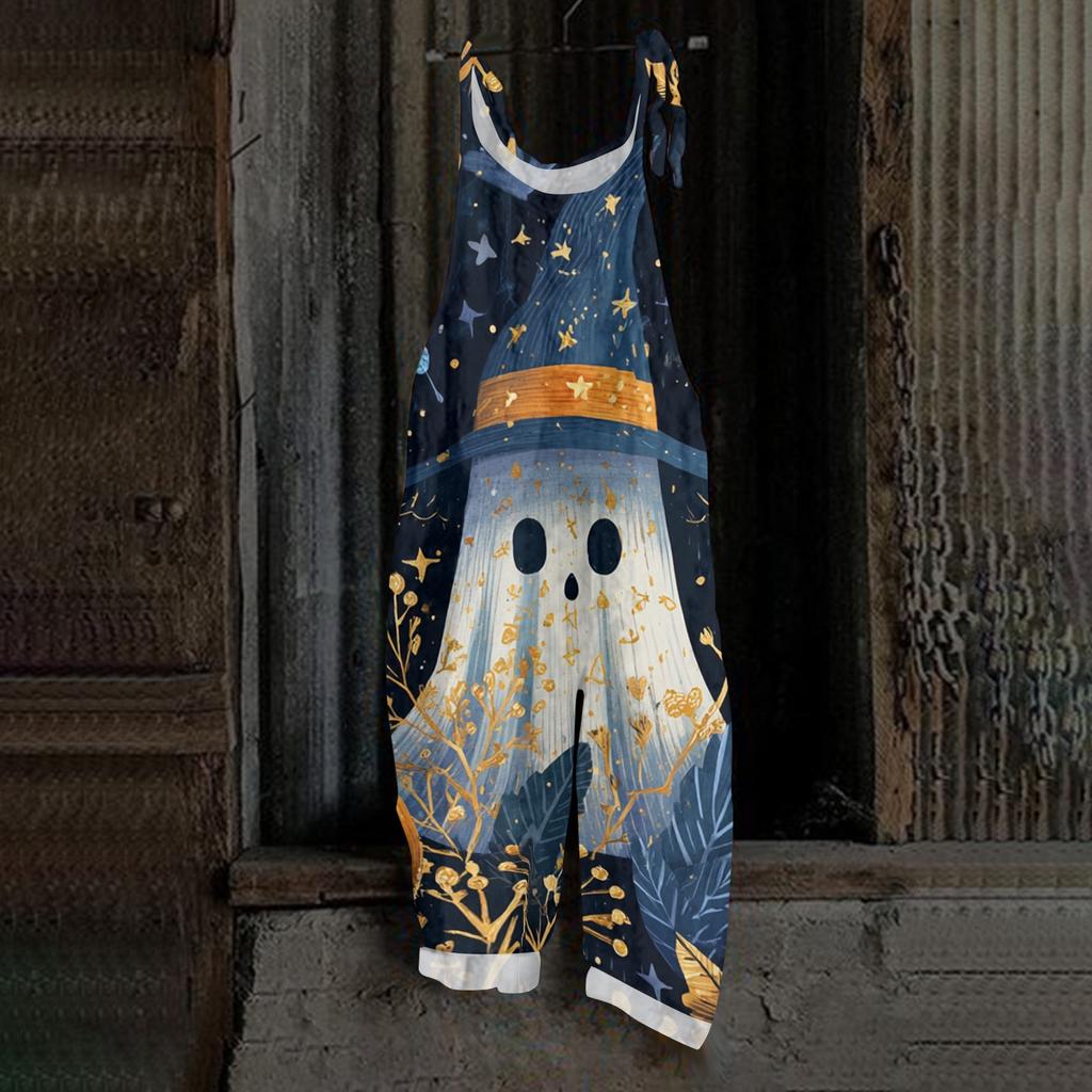 Women's Loose Casual Vintage Style Cotton Linen Overalls with Adjustable Straps and Pockets Halloween Inspired Graphic Print Jumpsuit