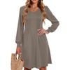 Women's Solid Color Casual Fashion V-neck Long Sleeved Mid Length Dress