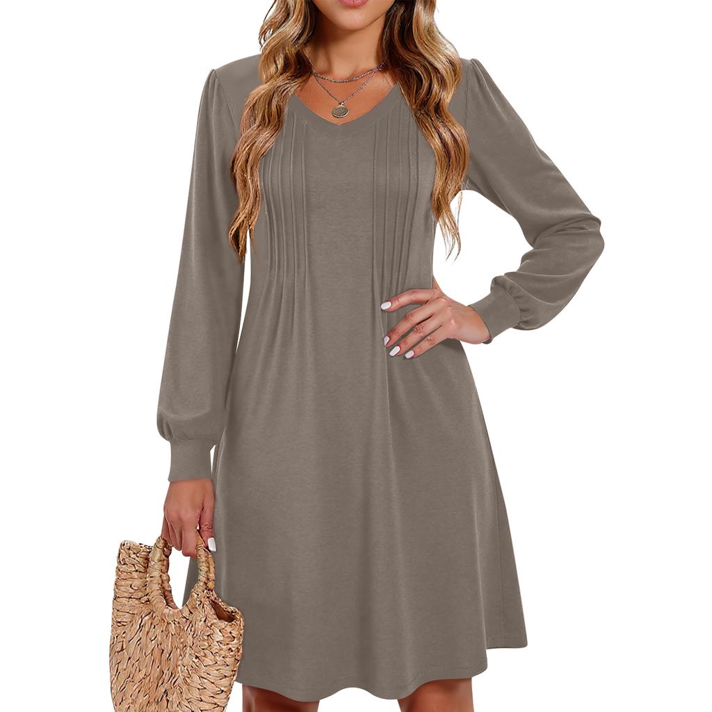 Women's Solid Color Casual Fashion V-neck Long Sleeved Mid Length Dress