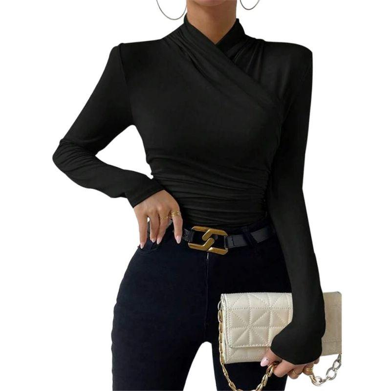 Women's Solid-Color Cross-Neck Slim-Fit Versatile Pleated T-Shirt