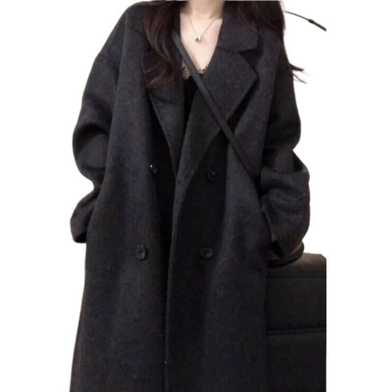 Women's Mid-Length Hepburn-Style Wool Felt Coat - Autumn/Winter Plus Velvet Thickened Petite Fit
