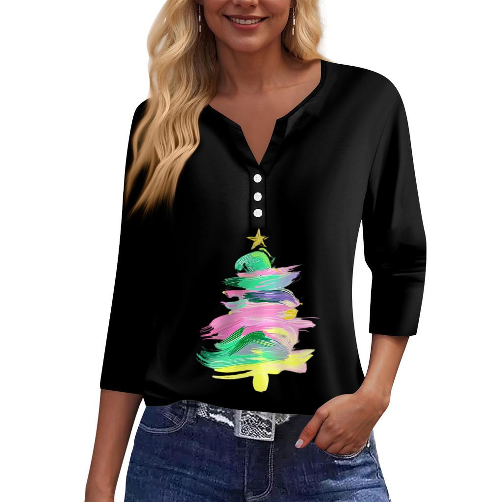 Γυναικείο μπλουζάκι μπλουζάκι με τύπωμα κουμπιού μανίκι 3/4 Καθημερινή μόδα για Σαββατοκύριακο Basic V-λαιμόκοψη κανονικό μπλουζάκι