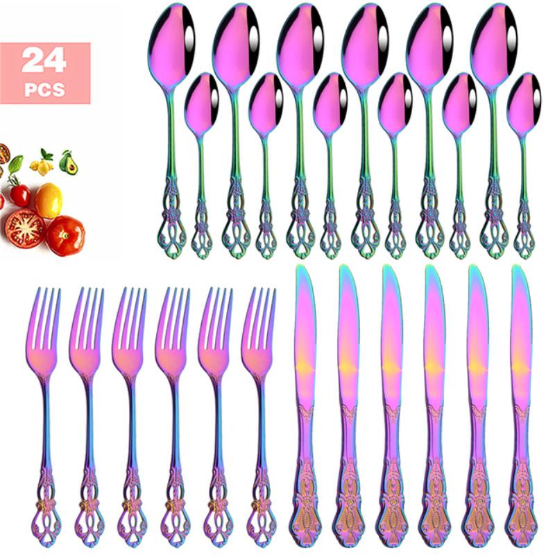 24PCS Vintage Tableware Cutlery Set Dinner Knife Fork Spoon Flatware Set Western Style Luxury Engraving Dinnerware with Rack Set