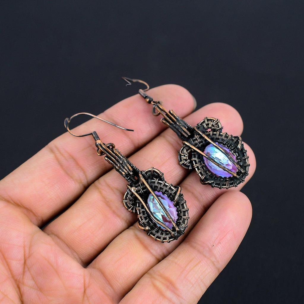 Pink Mystic Topaz 999 Copper Wire Wrapped Earrings, Handmade Gemstone Earrings Jewelry, Gifts For Wife Brand New Earrings