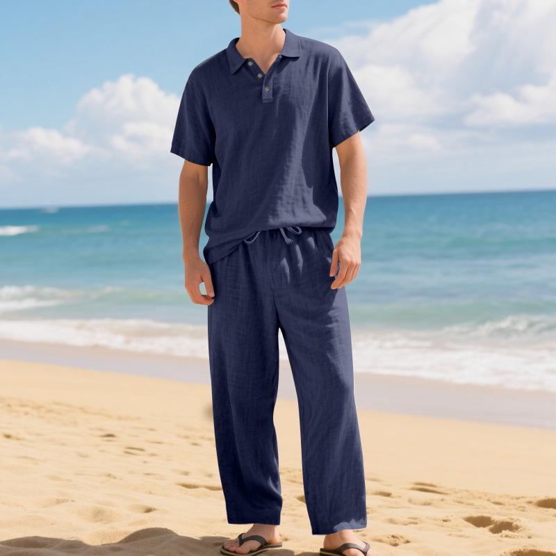 Men Linen Two Piece Set Short Sleeve Polo Shirt Drawstring Straight Leg Beach Trousers