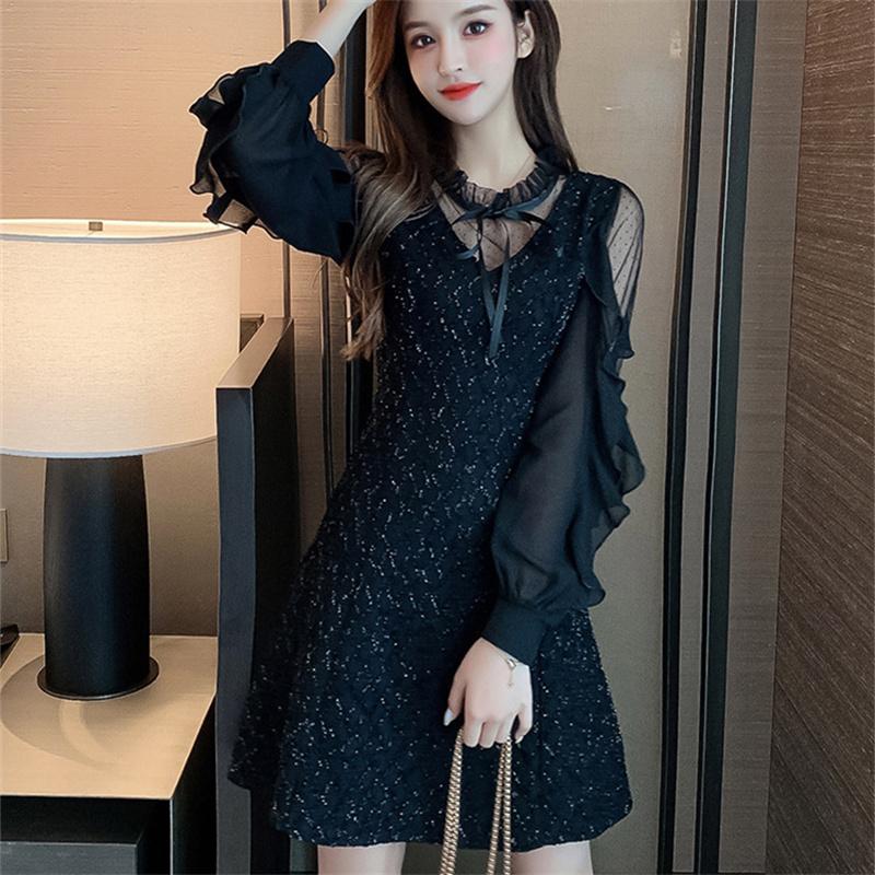 Long Sleeve Dresses Women Black Lace Patchwork Casual Office Ladies Elegant Slim Party Spring Vestidoes Chic Mid-Calf Vintage