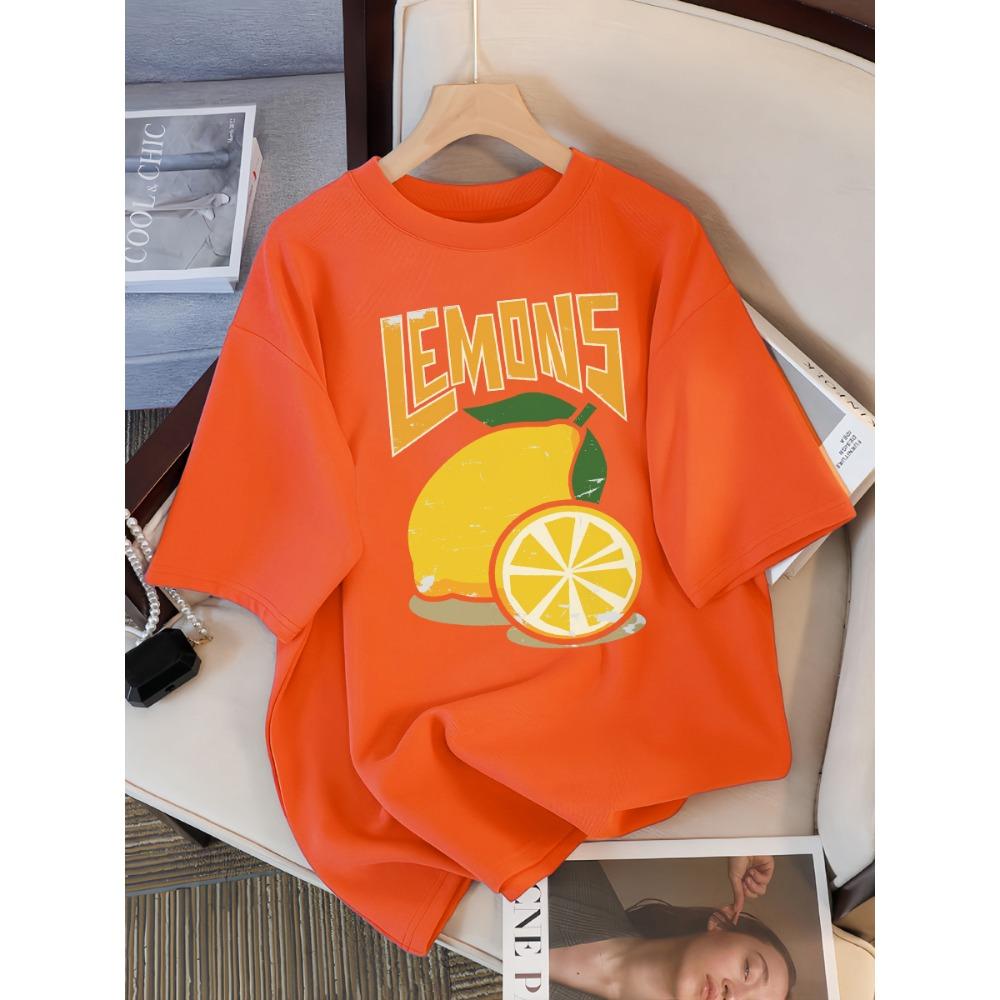 Taze Limon Meyvesi Baskılı Kadın Tişörtü Günlük Bol Kesim Tişörtler Nefes Alabilen Pamuk Kısa Kollu Rahat O Yaka Üstler