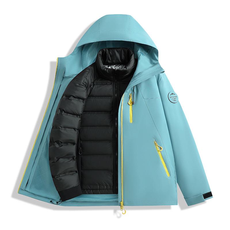 Men's and Women's Custom Outdoor Two-Piece Jacket Set: Three-in-One Shell with 90% Duck Down Lining and Print Logo.