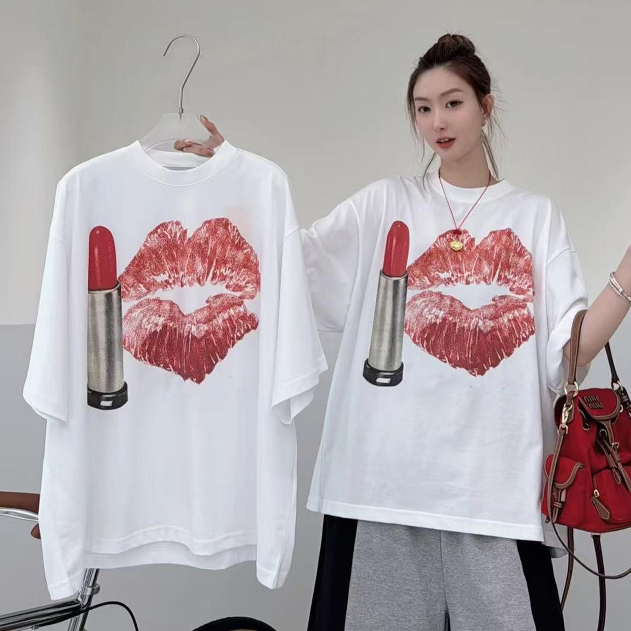 

2026 Spring Lipstick Print Round Neck Loose Pullover Short Sleeve Women s T-shirt Large белый