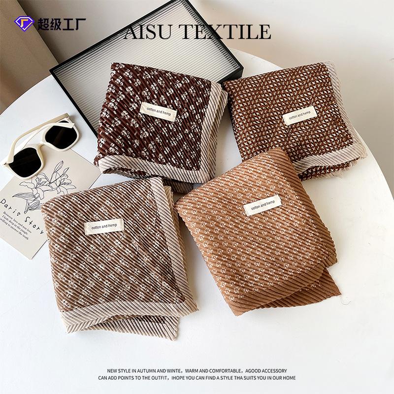 Retro fashion versatile scarf double-layer crumpled scarf girls printed imitation cotton and linen shawl outer cover